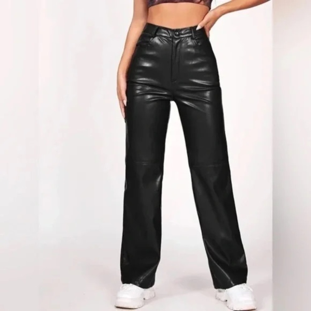 (B1) NWOT Shein Black Faux Leather Petite Trendy Straight Leg Pants Small‎
